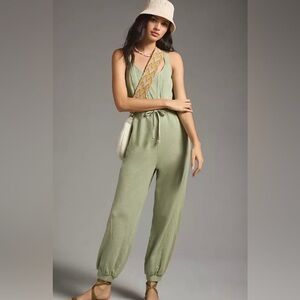 Anthropologie Olive Green Sleeveless Drawstring Jumpsuit with Striped Strap